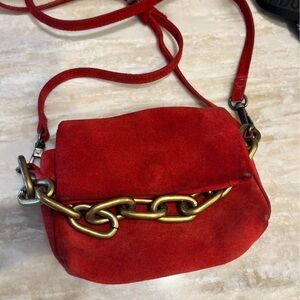 Free People Red Suede Crossbody with Brass Chain Accent